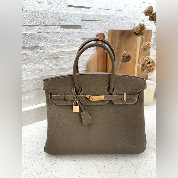 Birkin 35 Etoupe Togo inspired Taupe Leather Handbag with gold hardware - Picture 5 of 16